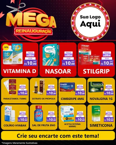 Modelo de Rede Social para Feed Instagram com o tema Mega Reinauguração para Farmácia