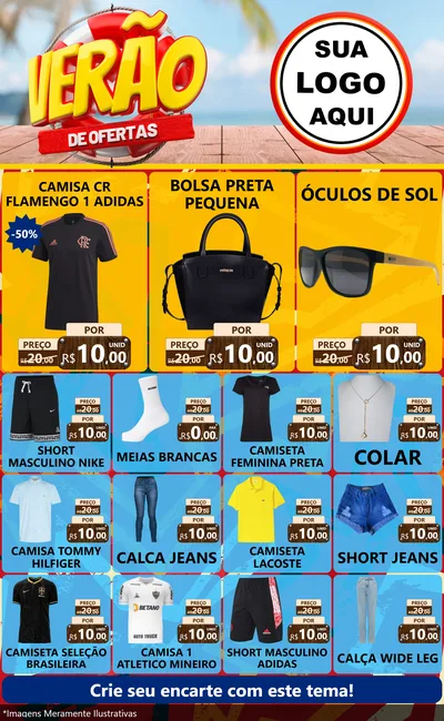 Modelo de Encarte para Encarte Grande com o tema Verão de Ofertas para Roupas e acessórios
