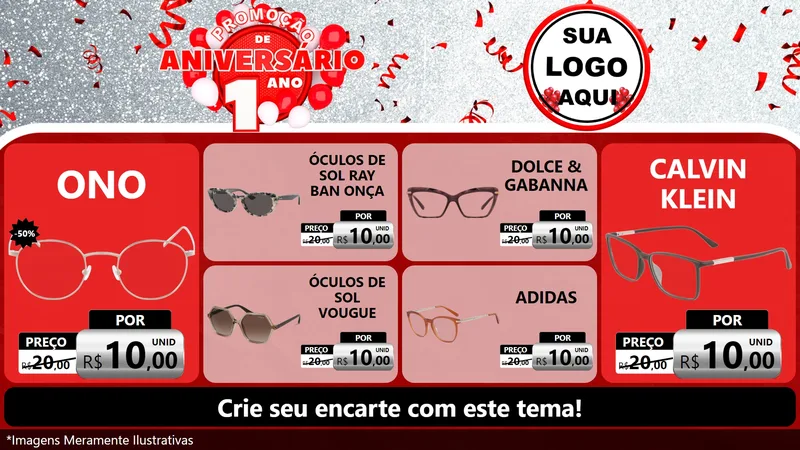 Modelo de TV para TV Horizontal com o tema Promoção de Aniversário - 1 Ano para Óticas