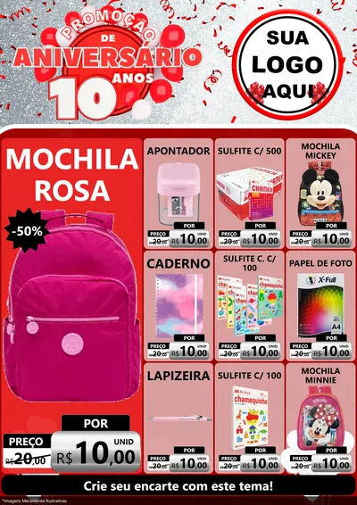 Modelo de Encarte para Encarte A4 Vertical com o tema Promoção de Aniversário - 10 Anos para Papelaria