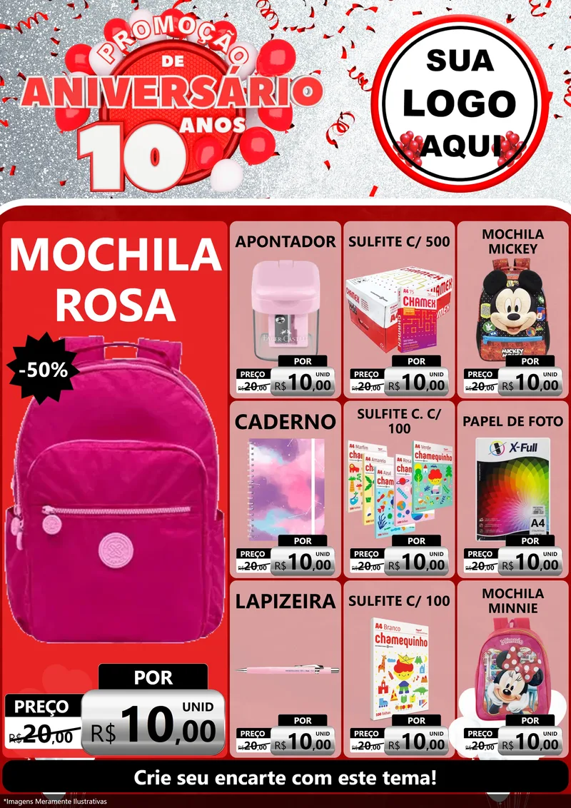 Modelo de Encarte para Encarte A4 Vertical com o tema Promoção de Aniversário - 10 Anos para Papelaria