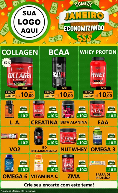 Modelo de Encarte para Encarte Grande com o tema Comece Janeiro Economizando para Suplementos alimentares