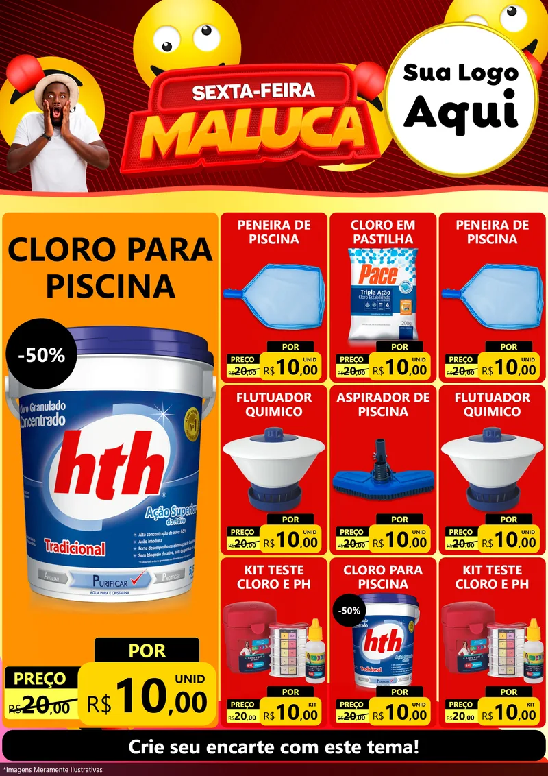 Modelo de Encarte para Encarte A4 Vertical com o tema Sexta-feira Maluca para Produtos para Piscina