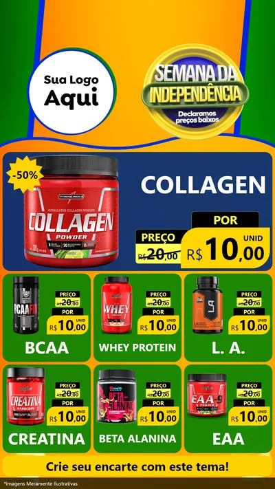 Modelo de Rede Social para Stories com o tema Semana da Independência Declaramos Preços Baixos para Suplementos alimentares