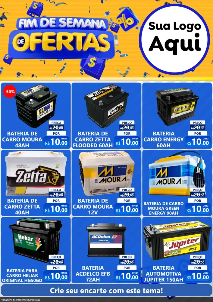 Modelo de Encarte para Encarte A4 Vertical com o tema Fim de Semana de Ofertas para Baterias Elétricas