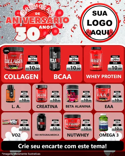 Modelo de Rede Social para Feed Instagram com o tema Promoção de Aniversário - 30 Anos para Suplementos alimentares