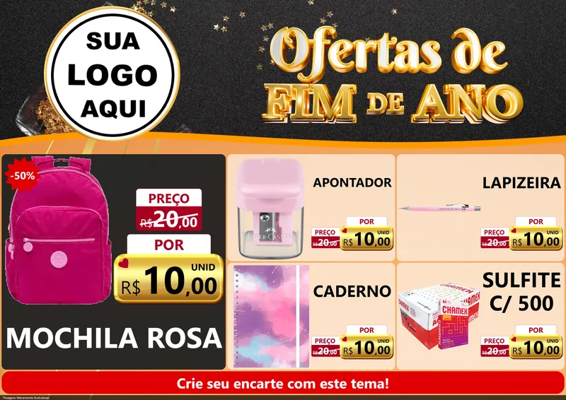 Modelo de Encarte para Encarte A4 Horizontal com o tema Ofertas de Fim de Ano para Papelaria