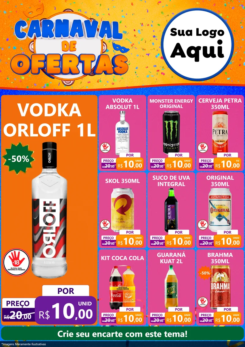 Modelo de Encarte para Encarte A4 Vertical com o tema Carnaval de Ofertas para Distribuidora de bebidas