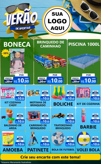 Modelo de Encarte para Encarte Grande com o tema Verão de Ofertas para Brinquedos