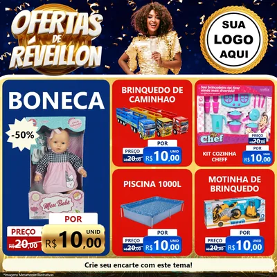Modelo de Rede Social para Feed Facebook com o tema Ofertas de Réveillon para Brinquedos