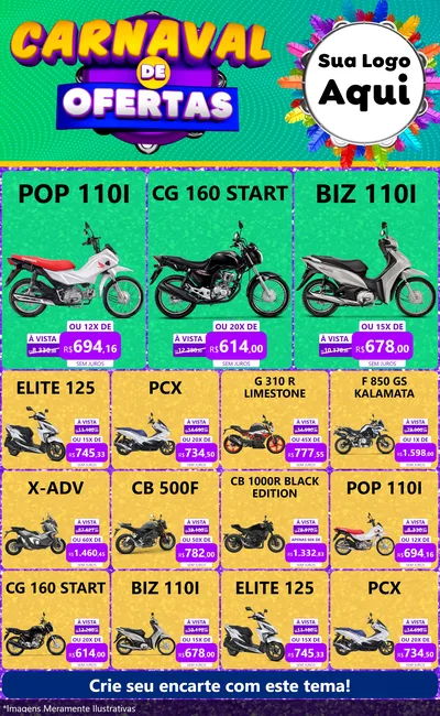 Modelo de Encarte para Encarte Grande com o tema Carnaval de Ofertas para Concessionaria de Motos