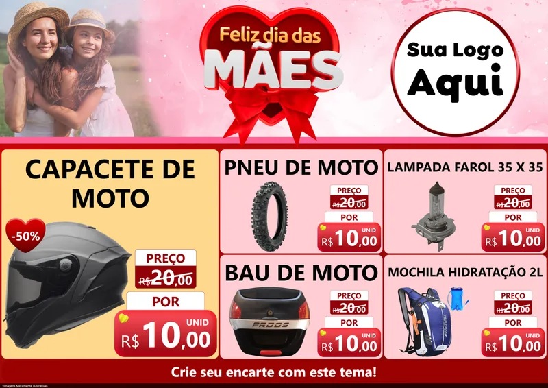 Modelo de Encarte para Encarte A4 Horizontal com o tema Feliz Dia Das Mães para Moto peças