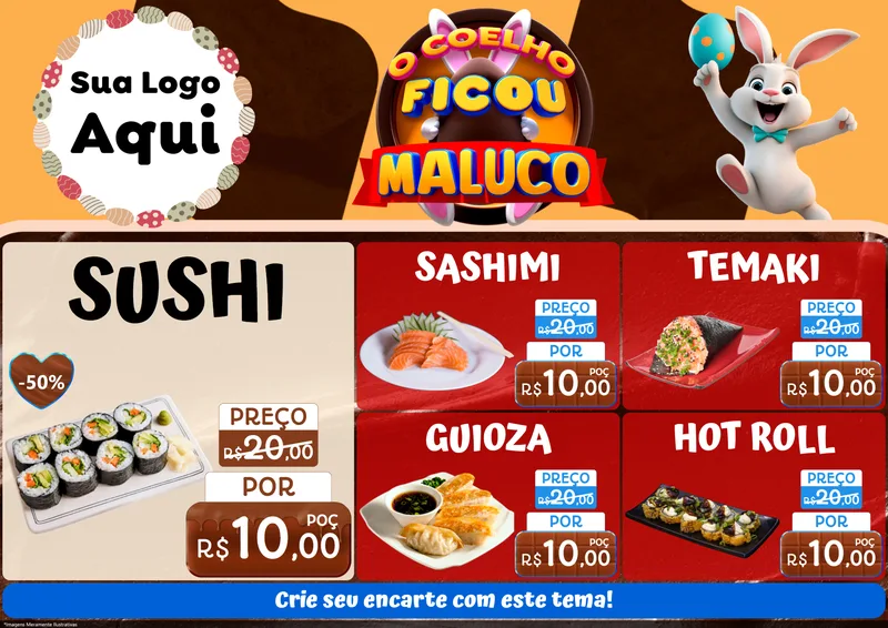 Modelo de Encarte para Encarte A4 Horizontal com o tema O Coelho Ficou Maluco - Páscoa para Comida japonesa