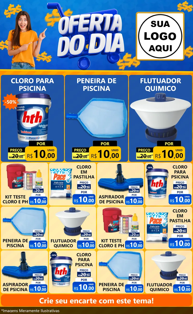 Modelo de Encarte para Encarte Grande com o tema Oferta do Dia para Produtos para Piscina