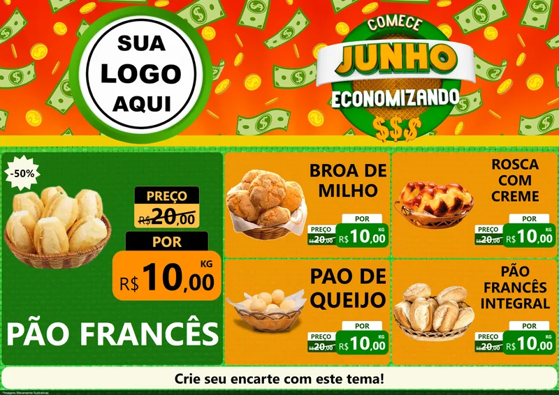 Modelo de Encarte para Encarte A4 Horizontal com o tema Comece Junho Economizando para Padaria