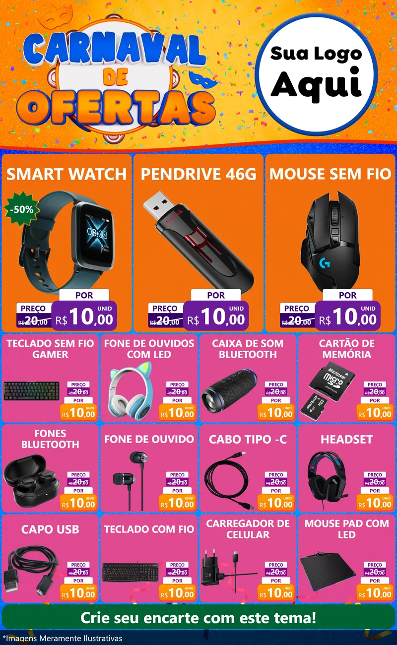 Modelo de Encarte para Encarte Grande com o tema Carnaval de Ofertas para Informática