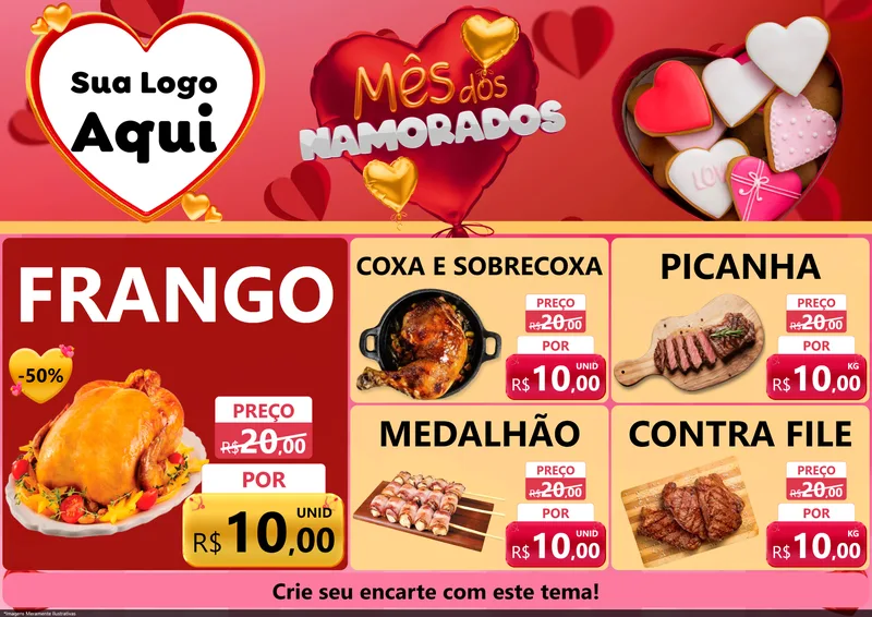 Modelo de Encarte para Encarte A4 Horizontal com o tema Mês dos Namorados para Assados