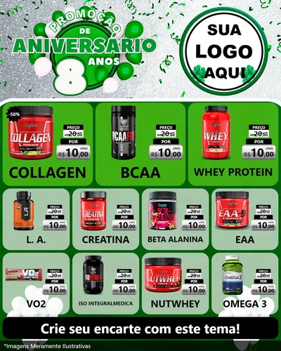 Modelo de Rede Social para Feed Instagram com o tema Promoção de Aniversário - 8 Anos para Suplementos alimentares