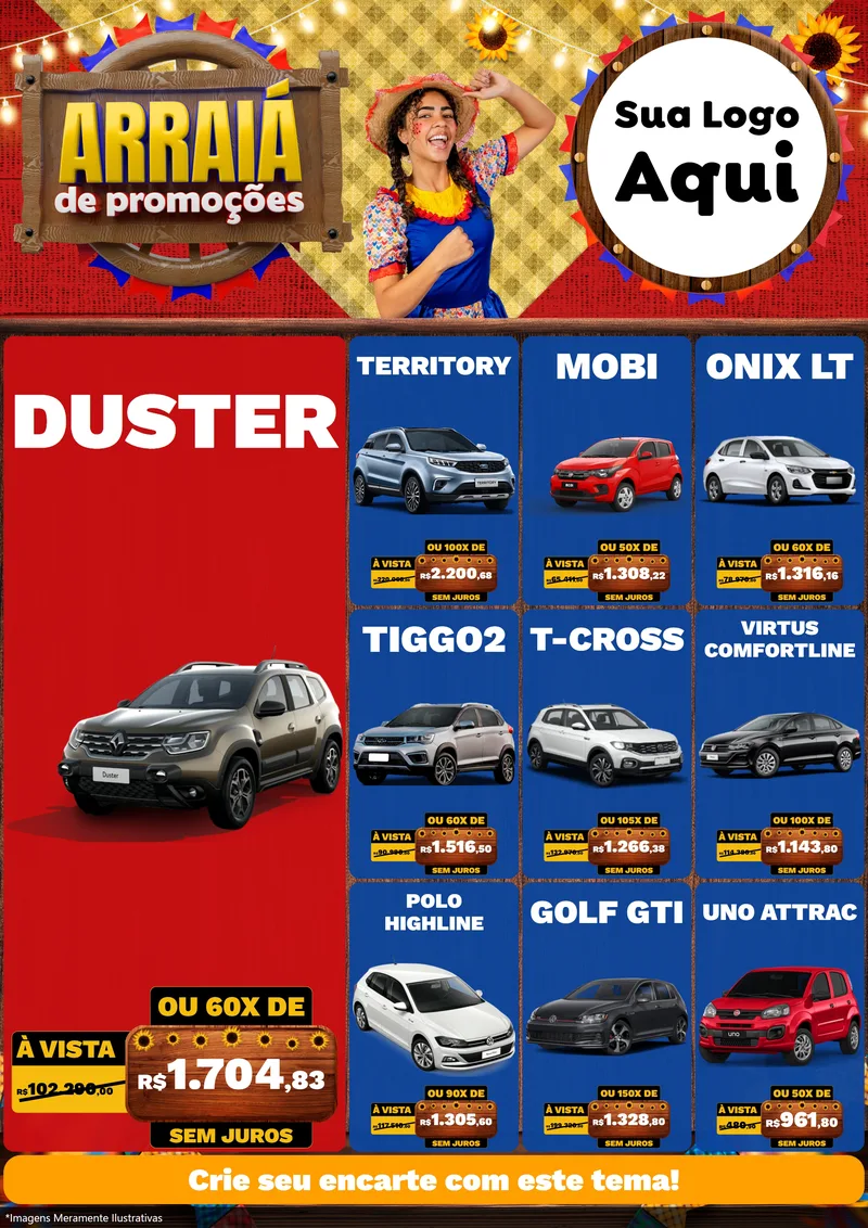 Modelo de Encarte para Encarte A4 Vertical com o tema Arraiá de Promoções para Concessionaria de Carros
