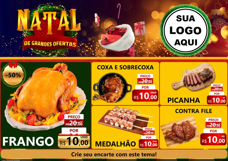 Modelo de Encarte para Encarte A4 Horizontal com o tema Natal de Grandes Ofertas para Assados