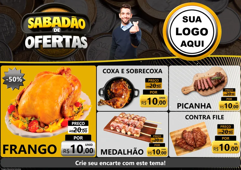Modelo de Encarte para Encarte A4 Horizontal com o tema Sabadão de Ofertas para Assados