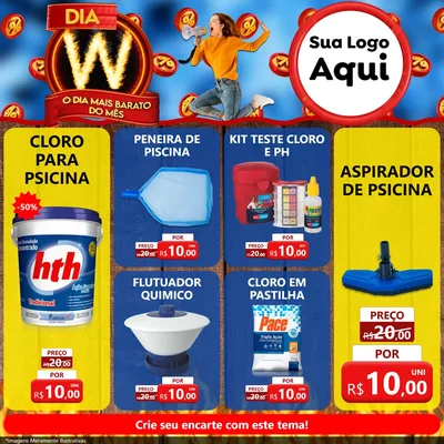 Modelo de Rede Social para Feed Facebook com o tema Dia W - O Dia Mais Barato Do Mês para Produtos para Piscina