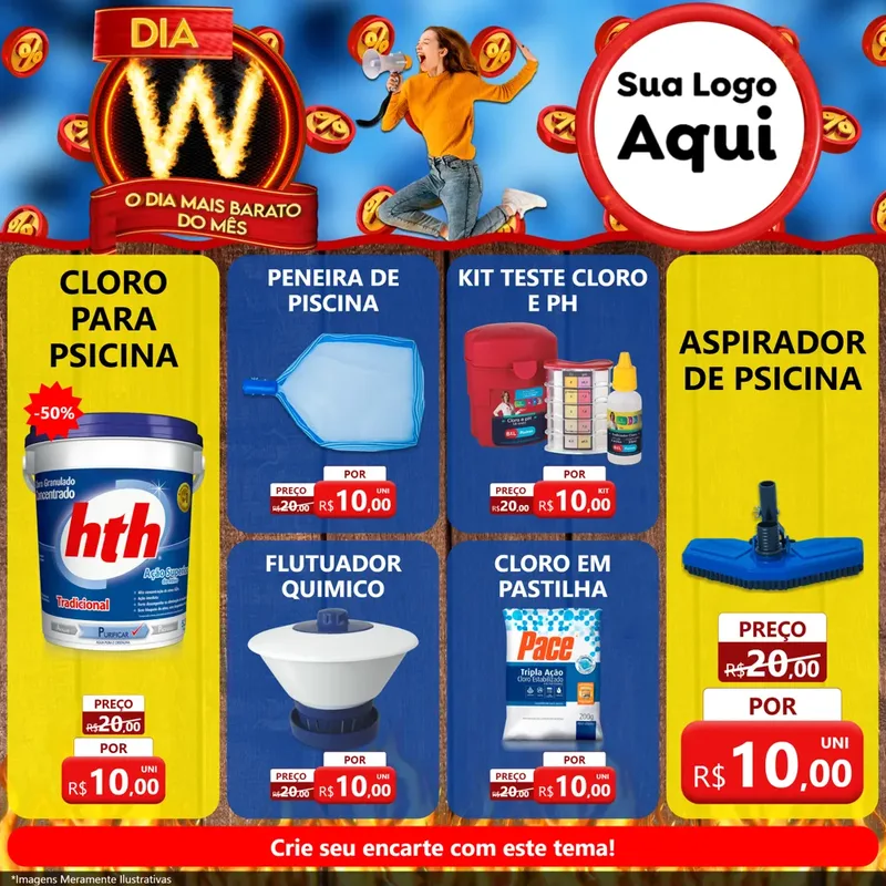 Modelo de Rede Social para Feed Facebook com o tema Dia W - O Dia Mais Barato Do Mês para Produtos para Piscina
