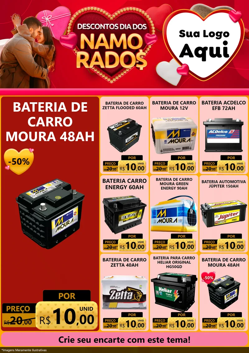 Modelo de Encarte para Encarte A4 Vertical com o tema Descontos Dia dos Namorados para Baterias Elétricas