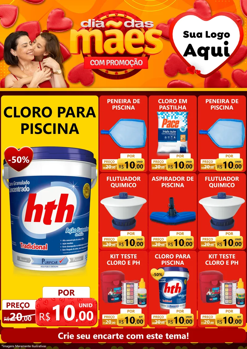Modelo de Encarte para Encarte A4 Vertical com o tema Dia das Mães com Promoção para Produtos para Piscina