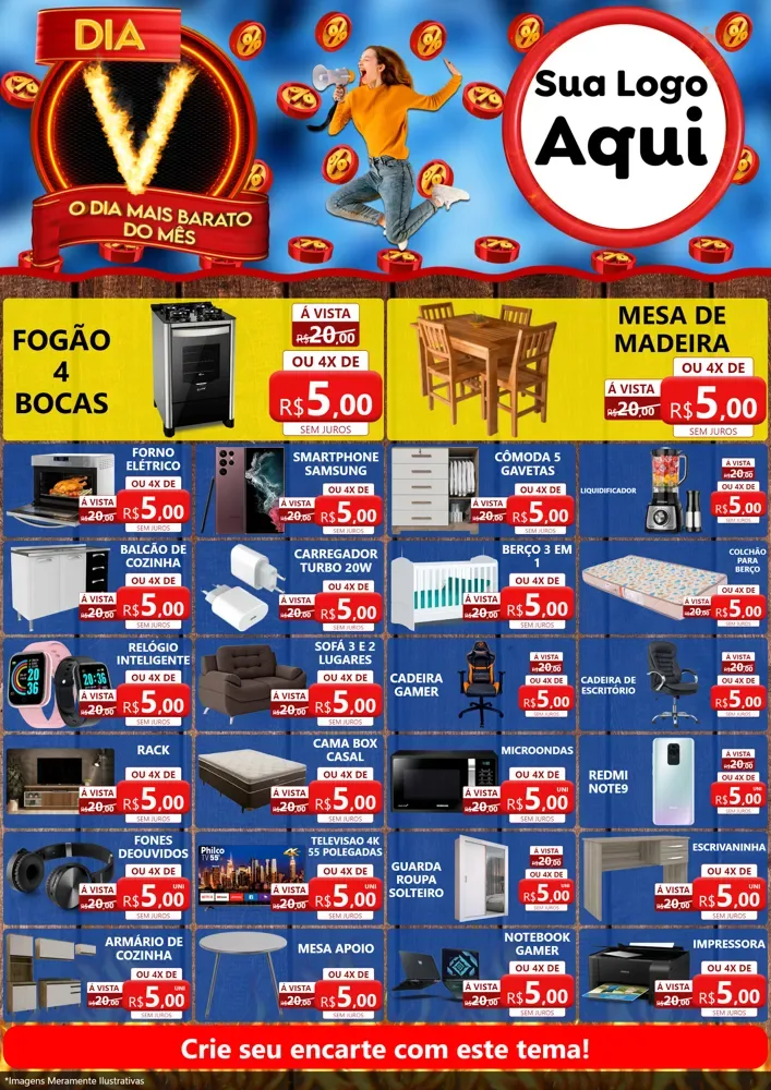 Modelo de Encarte para Encarte A4 Vertical com o tema Dia V - O Dia Mais Barato Do Mês para Móveis e Eletro