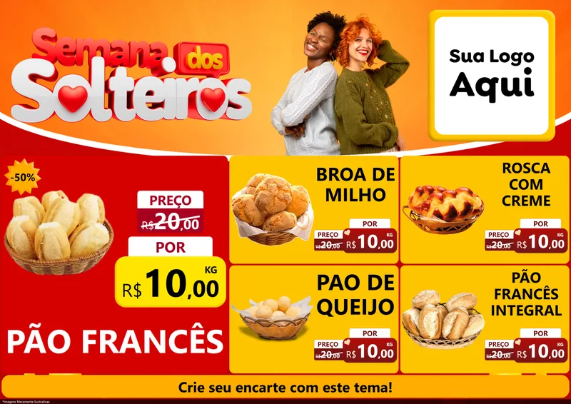 Modelo de Encarte para Encarte A4 Horizontal com o tema Semana dos Solteiros para Padaria