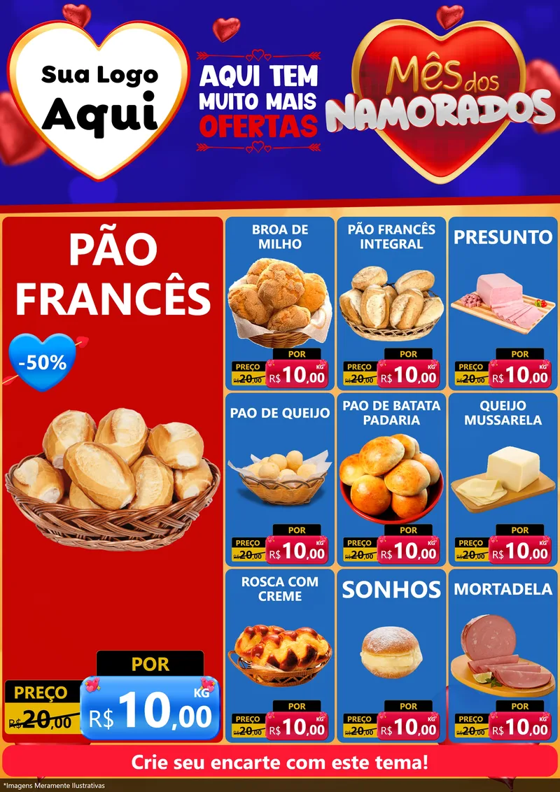 Modelo de Encarte para Encarte A4 Vertical com o tema Mês dos Namorados para Padaria