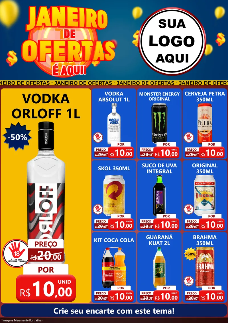 Modelo de Encarte para Encarte A4 Vertical com o tema Janeiro de Ofertas É Aqui! para Distribuidora de bebidas