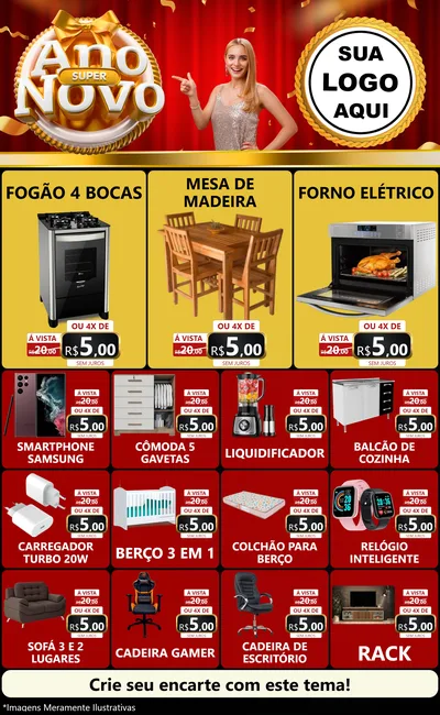 Modelo de Encarte para Encarte Grande com o tema Super Ano Novo para Móveis e Eletro