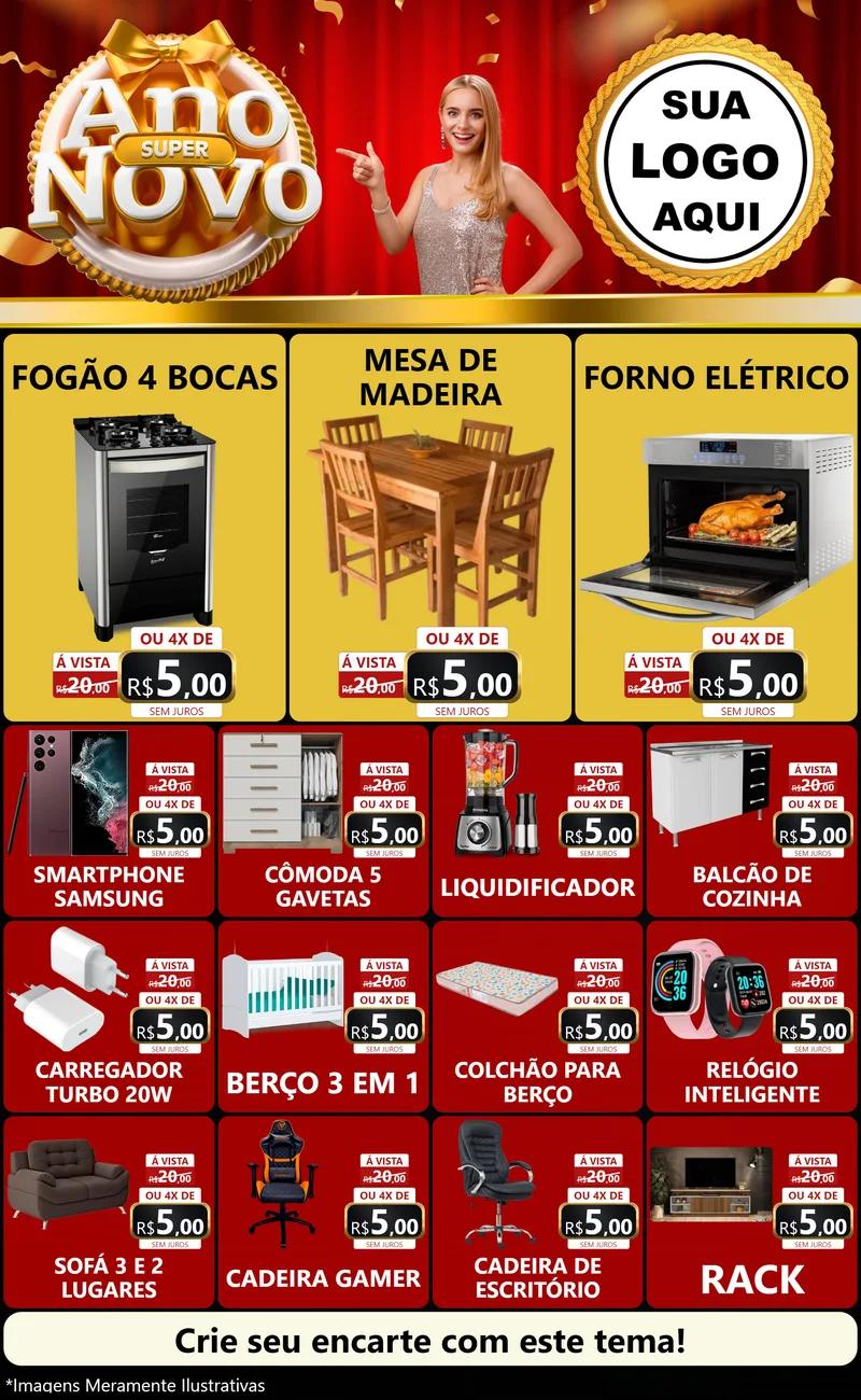 Modelo de Encarte para Encarte Grande com o tema Super Ano Novo para Móveis e Eletro