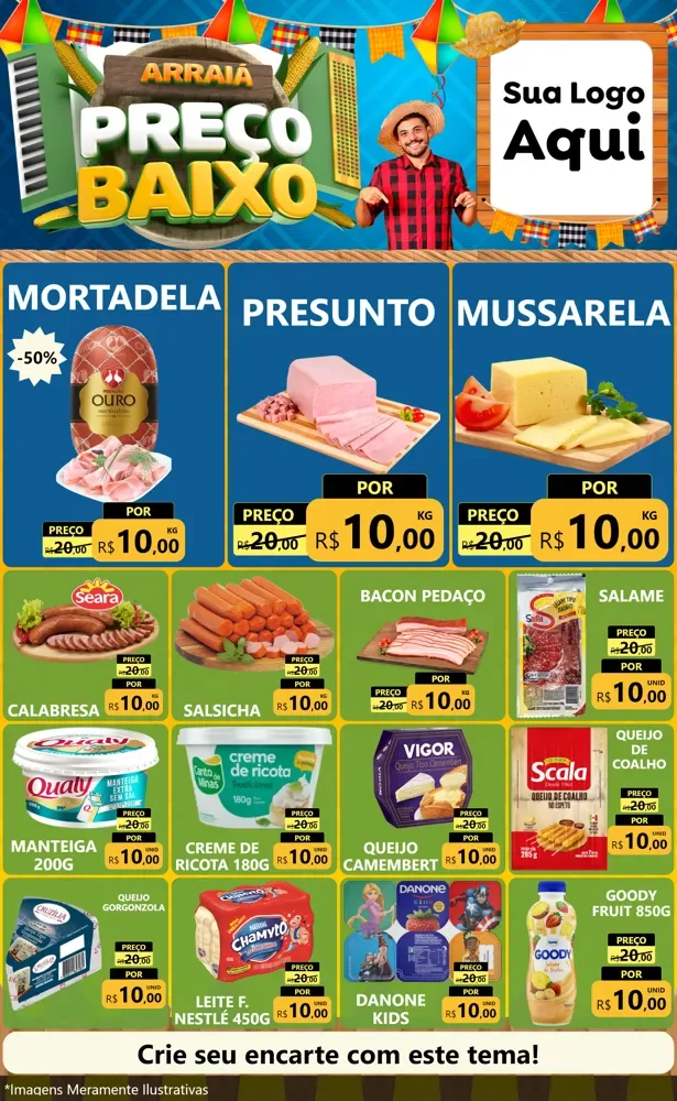 Modelo de Encarte para Encarte Grande com o tema Arraiá de Preço Baixo - Junina para Frios e Laticínios