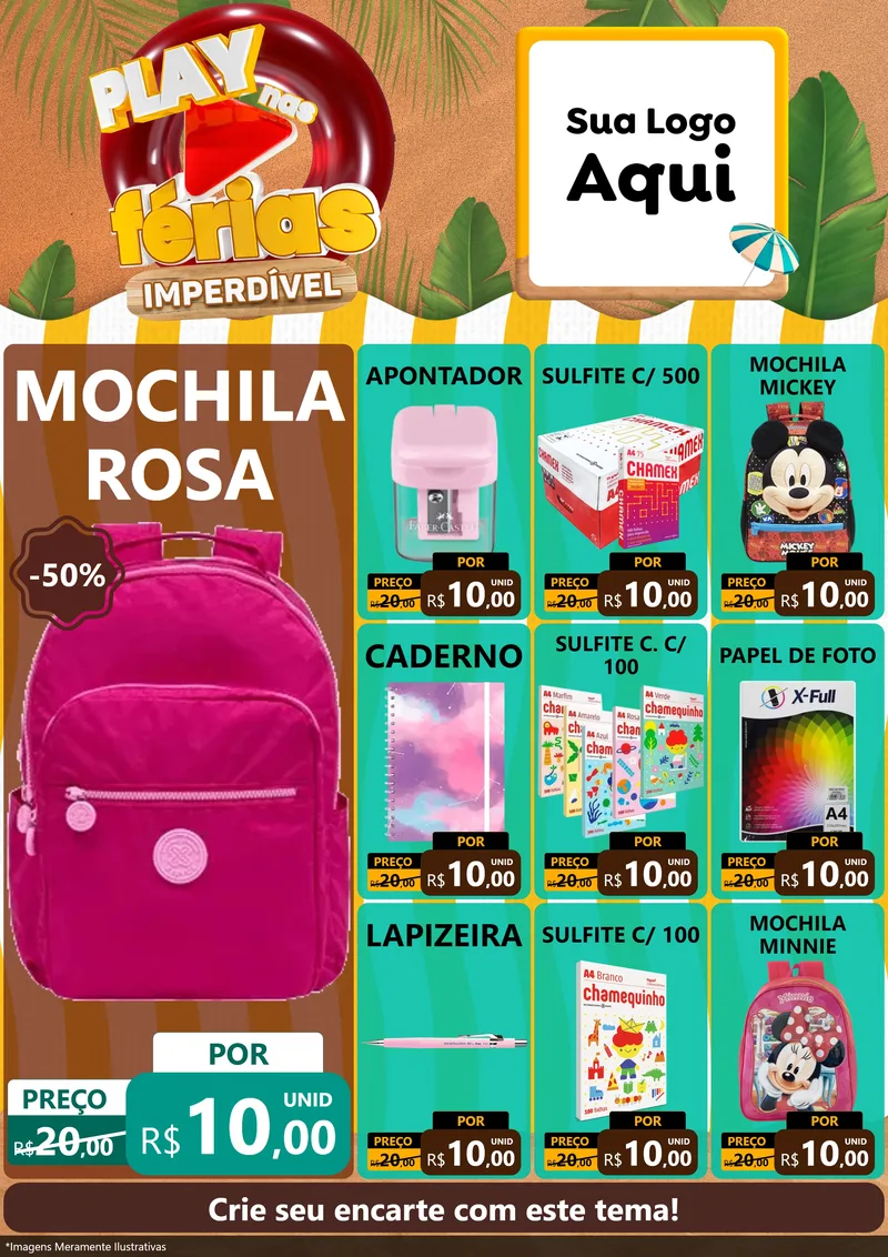 Modelo de Encarte para Encarte A4 Vertical com o tema Play Nas Férias Imperdível para Papelaria