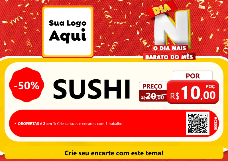 Modelo de Cartaz para Cartaz A4 Horizontal com o tema Dia N o Dia Mais Barato do Mês para Comida japonesa