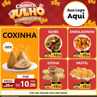 Modelo de Rede Social para Feed Facebook com o tema Comece Julho Economizando para Salgadaria