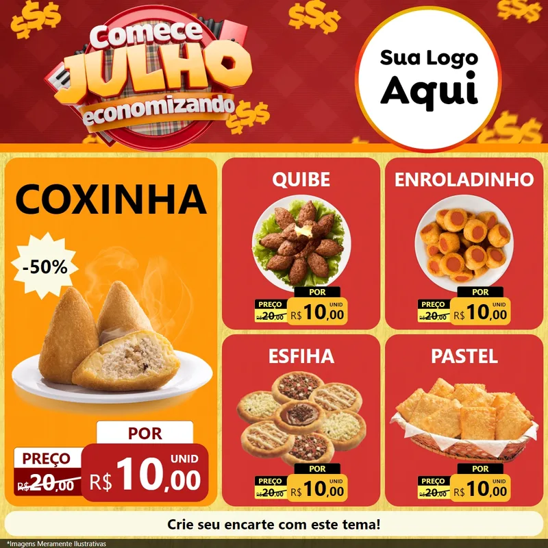 Modelo de Rede Social para Feed Facebook com o tema Comece Julho Economizando para Salgadaria