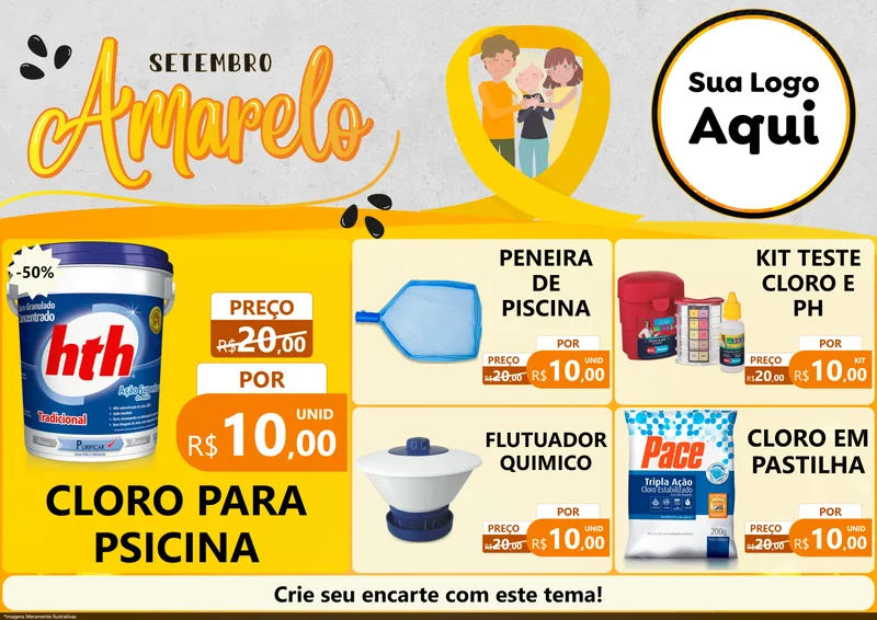 Modelo de Encarte para Encarte A4 Horizontal com o tema Setembro Amarelo para Produtos para Piscina