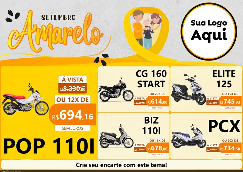 Modelo de Encarte para Encarte A4 Horizontal com o tema Setembro Amarelo para Concessionaria de Motos
