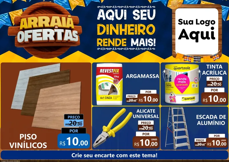 Modelo de Encarte para Encarte A4 Horizontal com o tema Arraiá de Ofertas - Junina para Material para Construção
