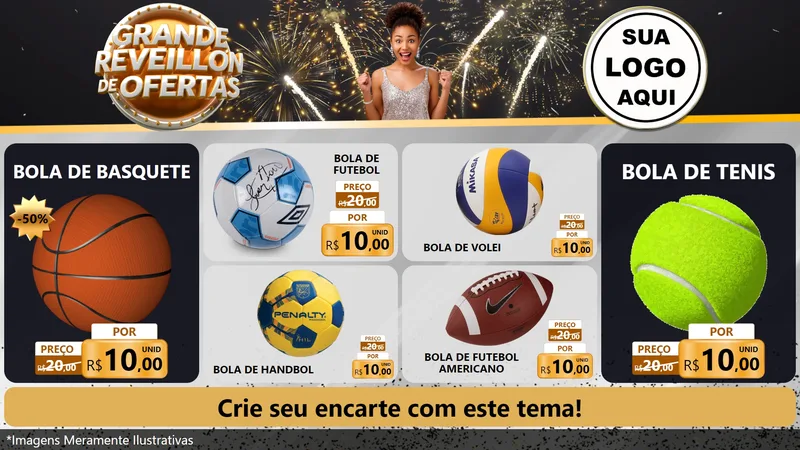 Modelo de TV para TV Horizontal com o tema Grande Réveillon de Ofertas para Artigos Esportivos