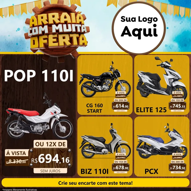 Modelo de Rede Social para Feed Facebook com o tema Ofertas de São João - Junina para Concessionaria de Motos
