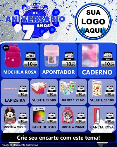 Modelo de Rede Social para Feed Instagram com o tema Promoção de Aniversário - 7 Anos para Papelaria