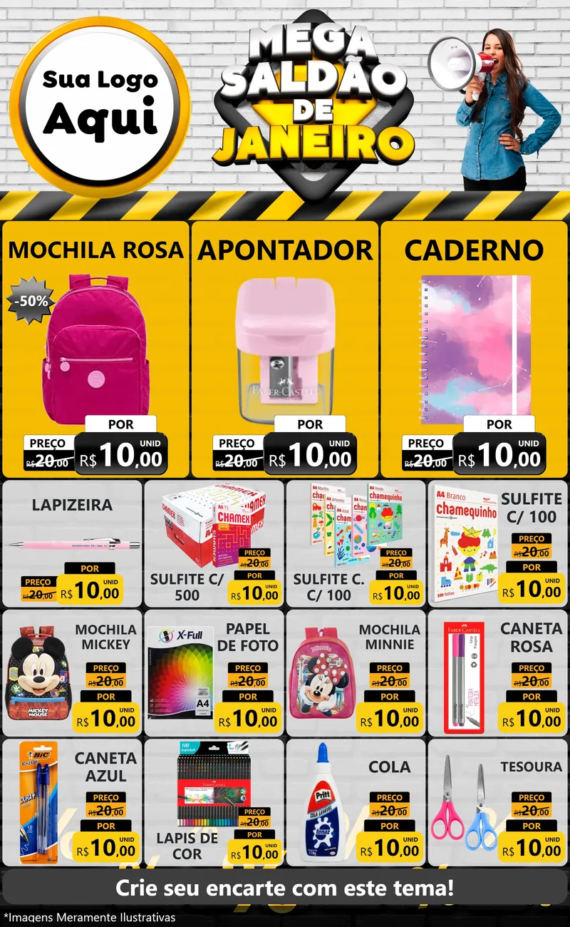 Modelo de Encarte para Encarte Grande com o tema Mega Saldão de Janeiro para Papelaria