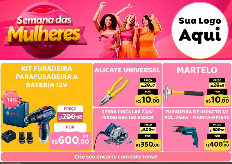 Modelo de Encarte para Encarte A4 Horizontal com o tema Semana das Mulheres para Maquinas e Ferramentas