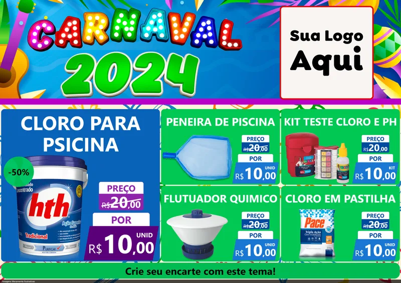 Modelo de Encarte para Encarte A4 Horizontal com o tema Carnaval 2027 para Produtos para Piscina