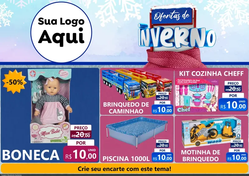 Modelo de Encarte para Encarte A4 Horizontal com o tema Ofertas de Inverno para Brinquedos